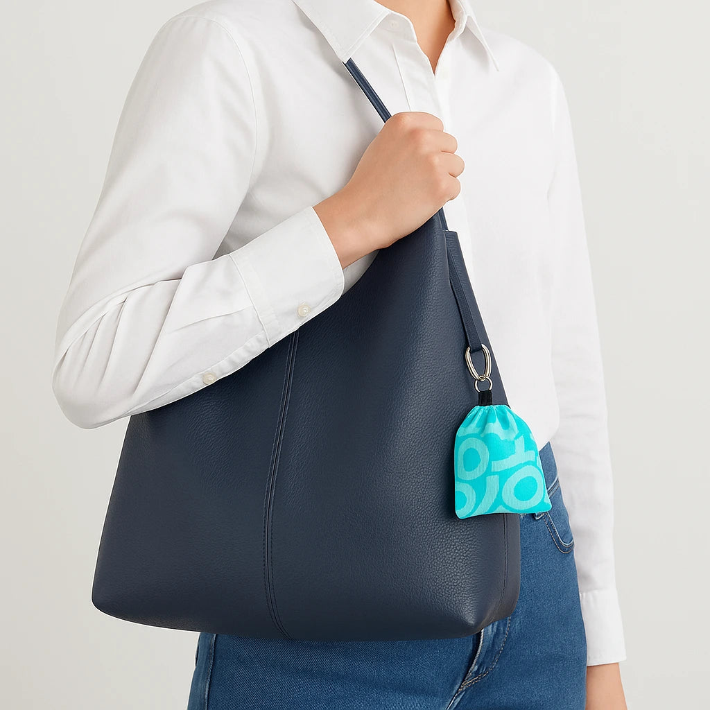 Nanobag Fudoon blue and green keyring bag, worn