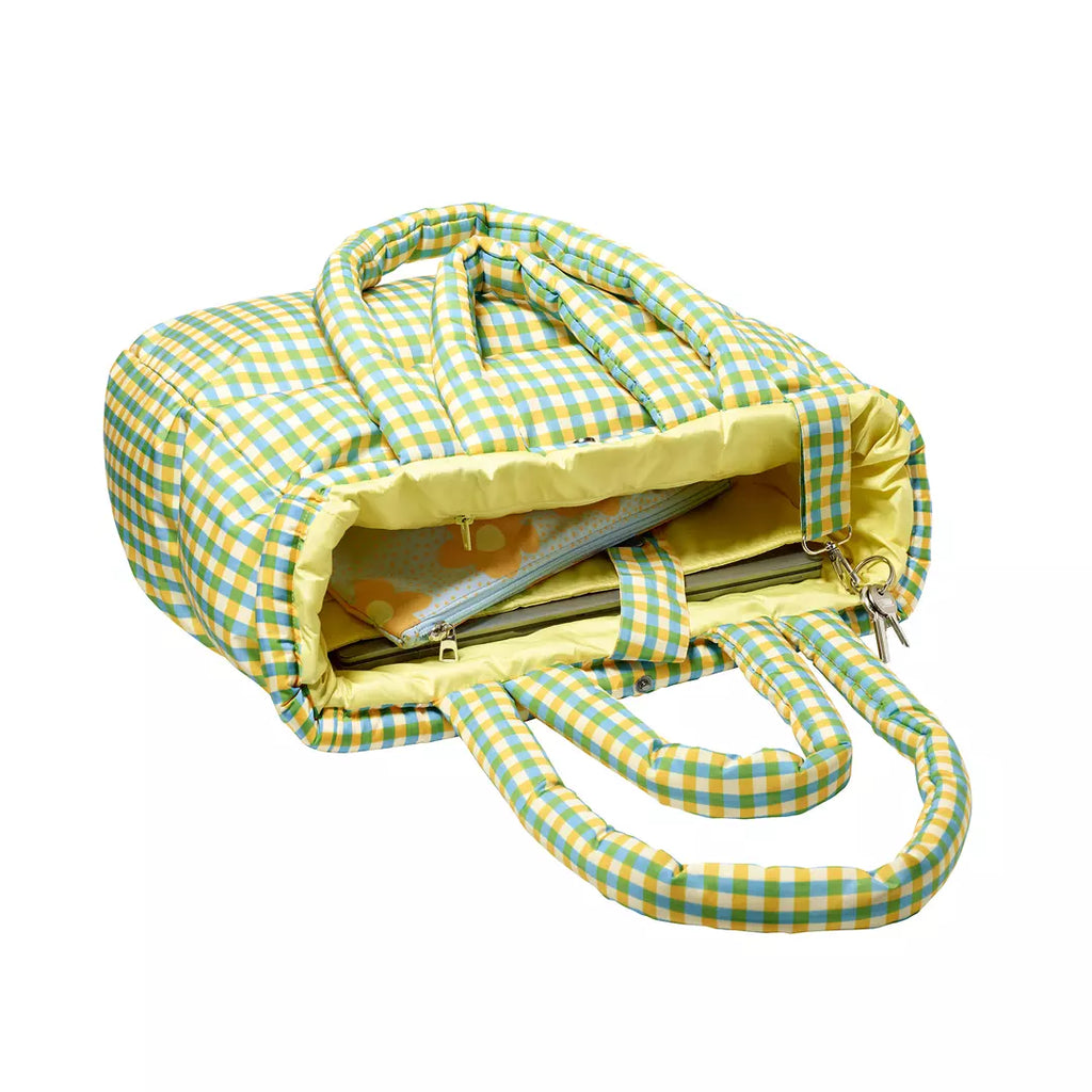 Sac oreiller doudoune vichy jaune & vert Fudoon rangement pratique