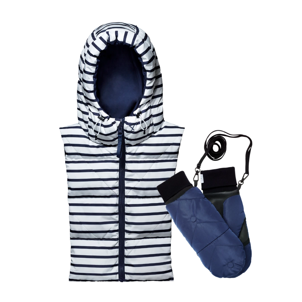 Duo capuche Fudoon rayures + moufles convertibles mitaines marine